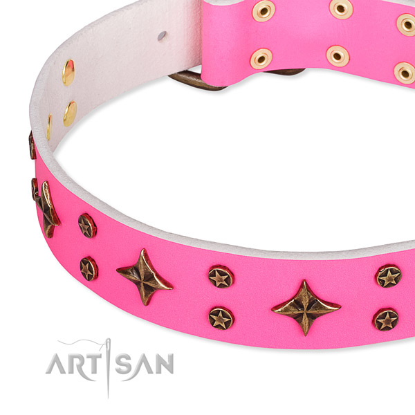 Daily use embellished dog collar of strong genuine leather