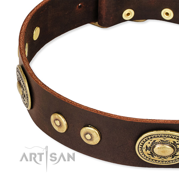 Decorated dog collar made of soft to touch natural genuine leather