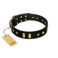 "De Luxe" FDT Artisan Black Leather Collie Collar with Old Bronze-like Plates and Studs
