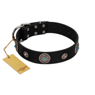 "Blue Gems" FDT Artisan Black Leather Collie Collar with Chrome Plated Studs and Conchos