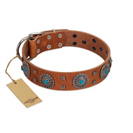 "Blue Sands" FDT Artisan Tan Leather Collie Collar with Silver-like Studs and Round Conchos with Stones