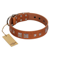 "Egyptian Gifts" Handmade FDT Artisan Tan Leather Collie Collar with Chrome-plated Pyramids