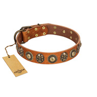 "Golden Epoch" FDT Artisan Tan Leather Collie Collar with Old Bronze-plated Medallions and Conchos