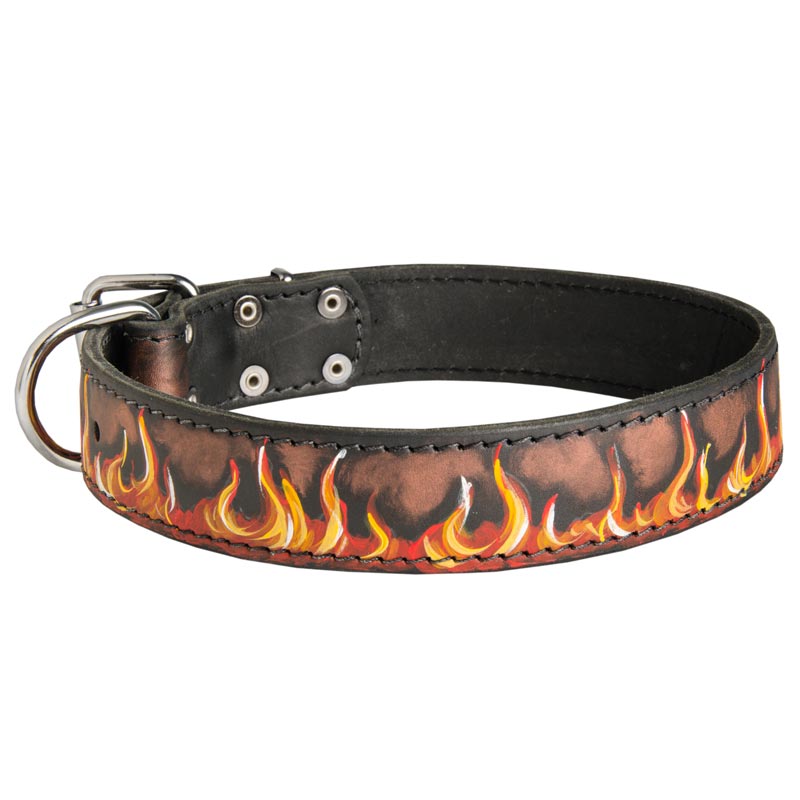 Handpainted Leather Collie Collar with Red Flames
