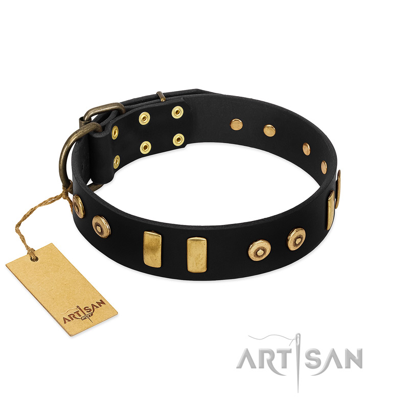 "Rare Dog" FDT Artisan Black Leather Collie Collar with Old Bronze-like Dotted Studs and Tiles