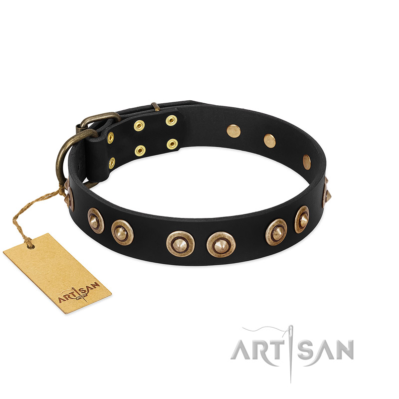 "Golden Artifact" FDT Artisan Black Leather Collie Collar with Old-bronze Covered Medallions