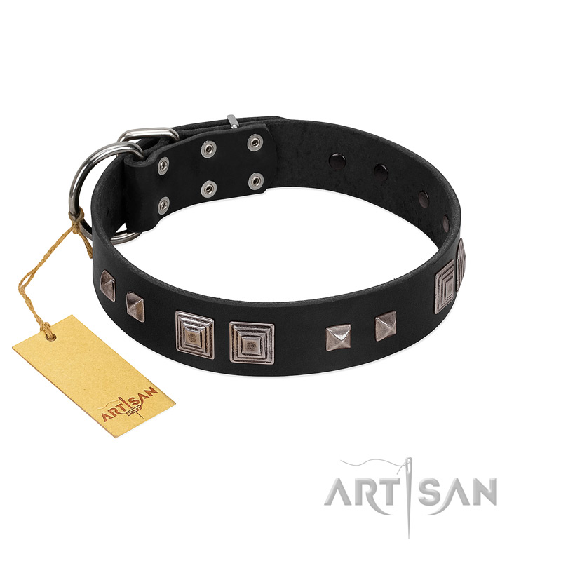 "Foregone Riches" FDT Artisan Black Leather Collie Collar with Old Silver-like Square Studs and Pyramids