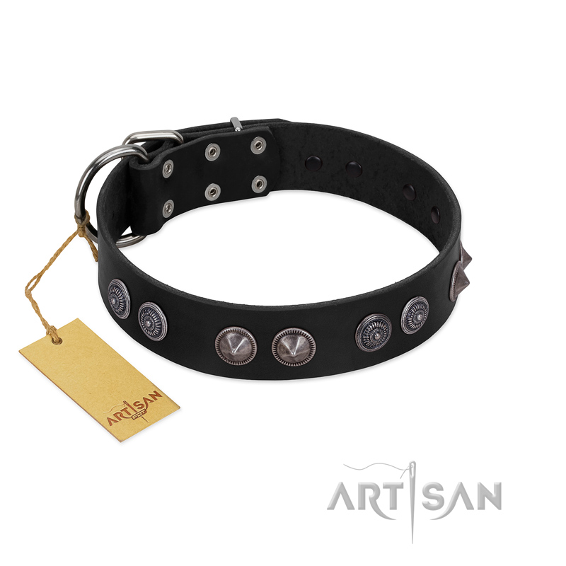 "Silver Medallions" Mod FDT Artisan Black Leather Collie Collar with Round Plates