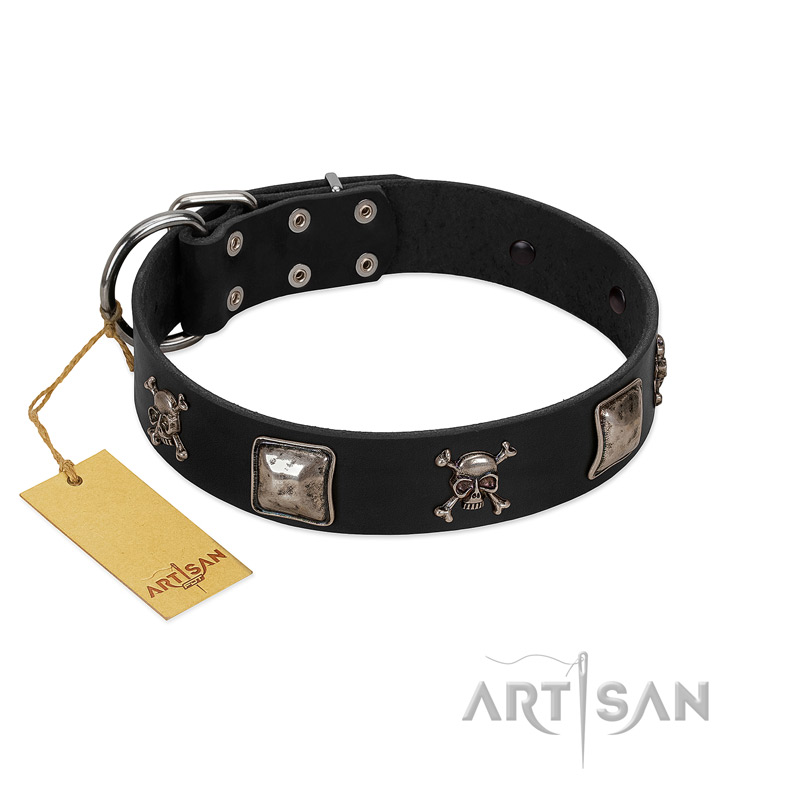 "Sea Rover" Embellished FDT Artisan Black Leather Collie Collar with Chrome Plated Crossbones and Plates