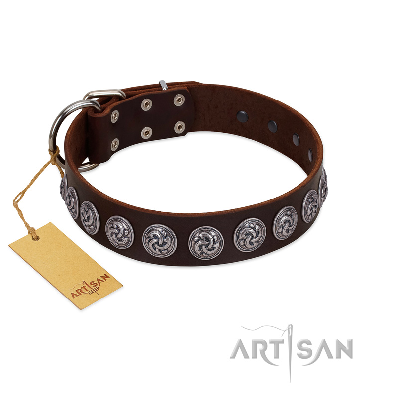 "Charming Circles" FDT Artisan Brown Leather Collie Collar with Silver-like Studs