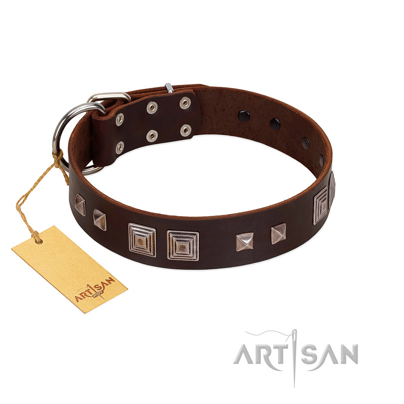 "Object of Virtu" FDT Artisan Brown Leather Collie Collar with Old Silver-like Square Studs and Pyramids