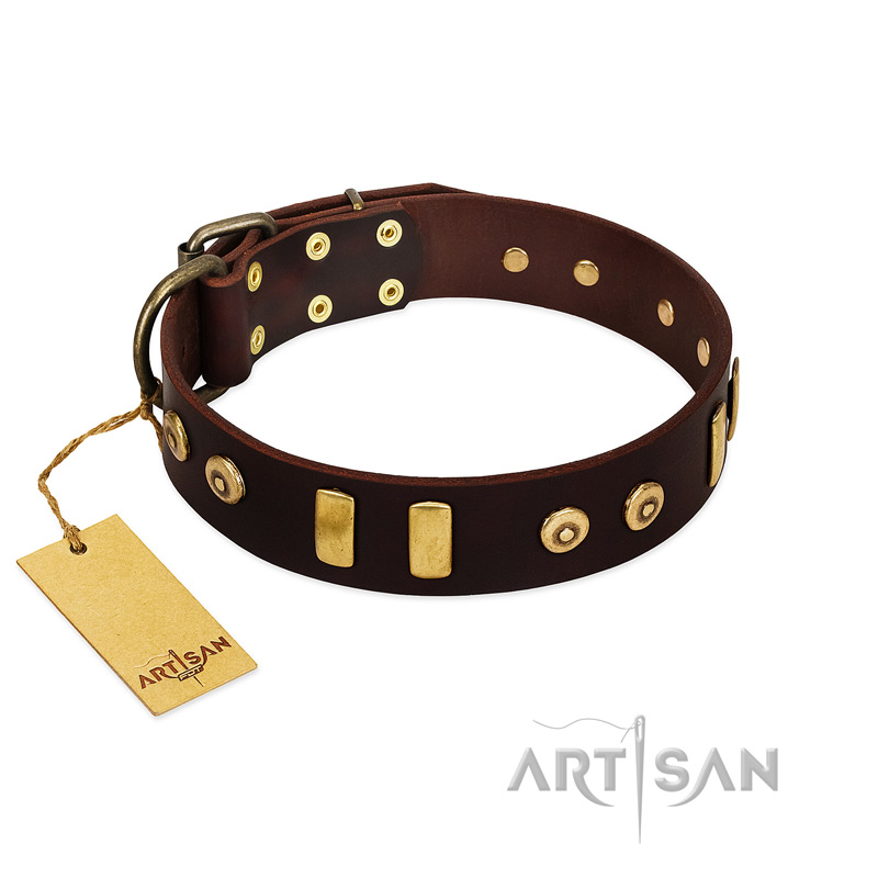 "Lord of Dogs" FDT Artisan Brown Leather Collie Collar with Old Bronze-like Dotted Studs and Tiles