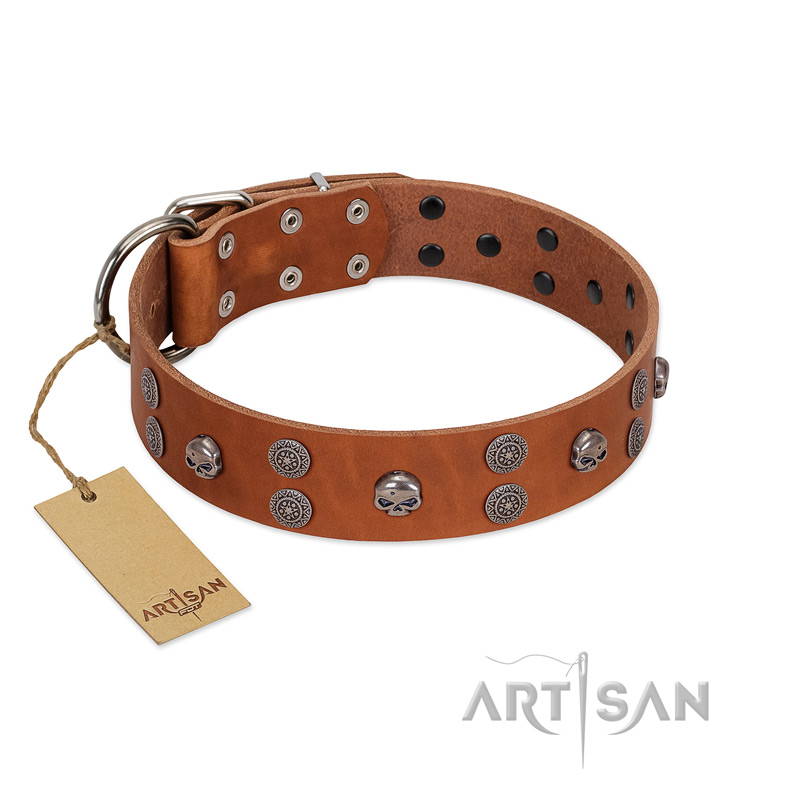 "Road Rider" FDT Artisan Tan Leather Collie Collar with Old Silver-like Skulls and Medallions