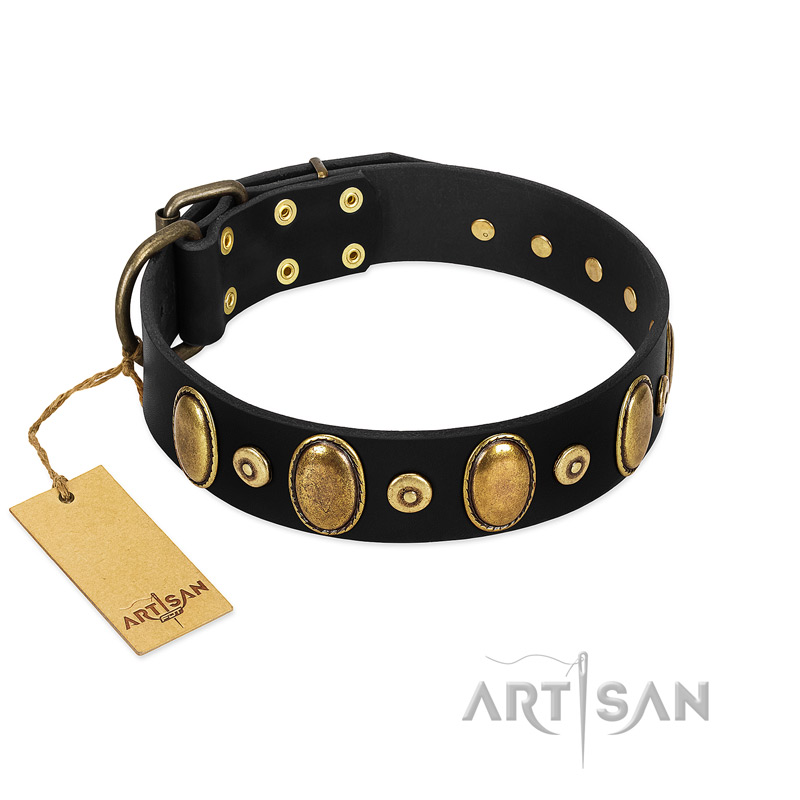 "Venerable Pawty" FDT Artisan Black Leather Collie Collar with Old Bronze-like Ovals and Studs