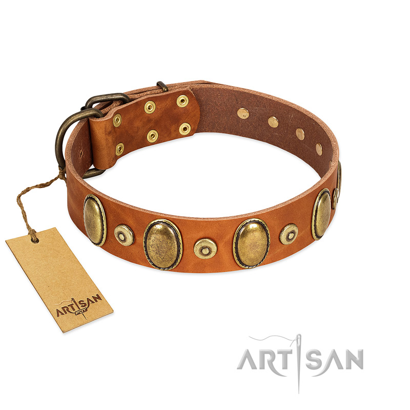 "Crystal Sand" FDT Artisan Tan Leather Collie Collar with Vintage Looking Oval and Round Studs