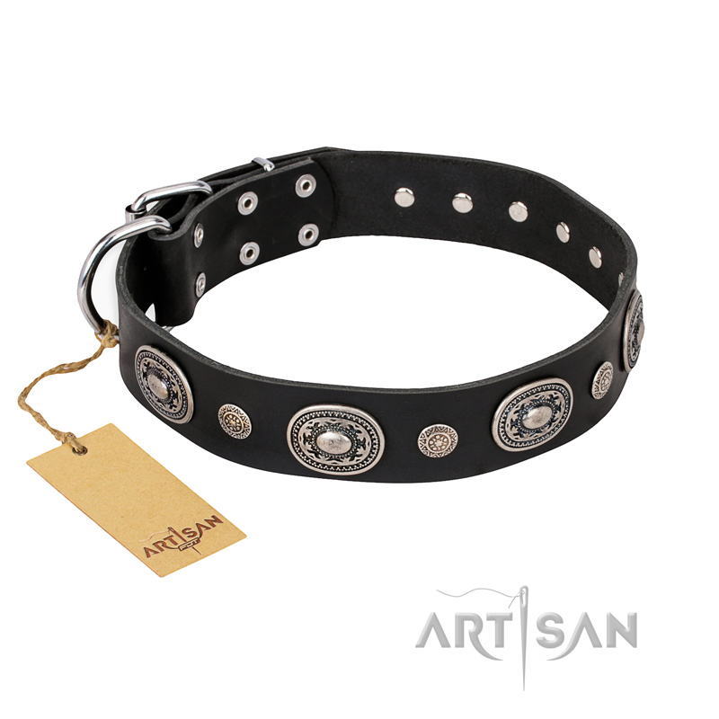 "Black Tie" FDT Artisan Leather Collie Collar with Old Silver-like Decorations
