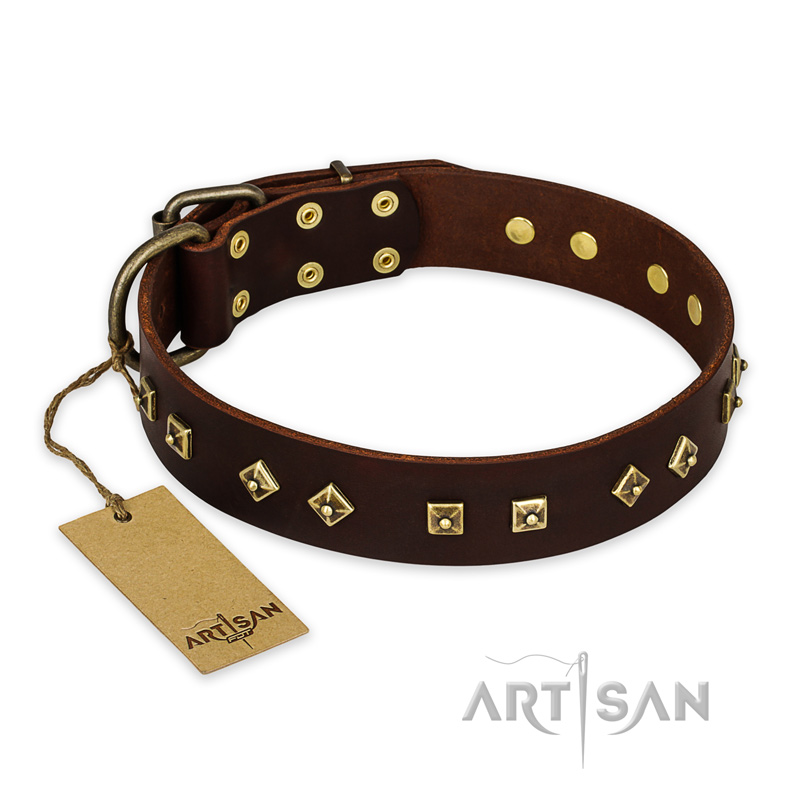 "Fashion Studs" FDT Artisan Decorated Leather Collie Collar with Old Bronze-Plated Steel Hardware
