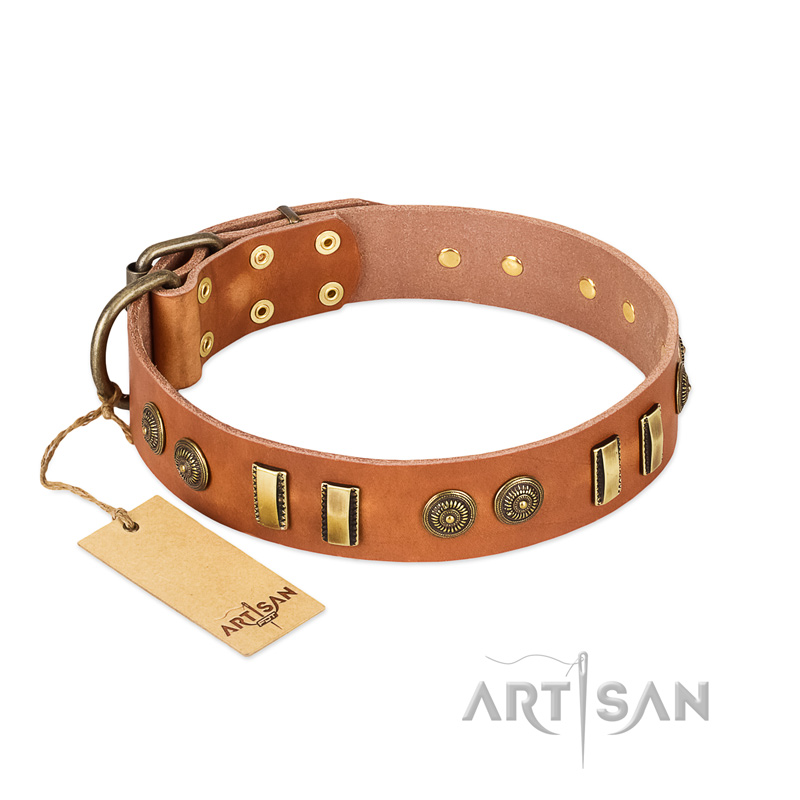 "Natural Beauty" FDT Artisan Tan Leather Collie Collar with Old Bronze-like Circles and Plates - Click Image to Close