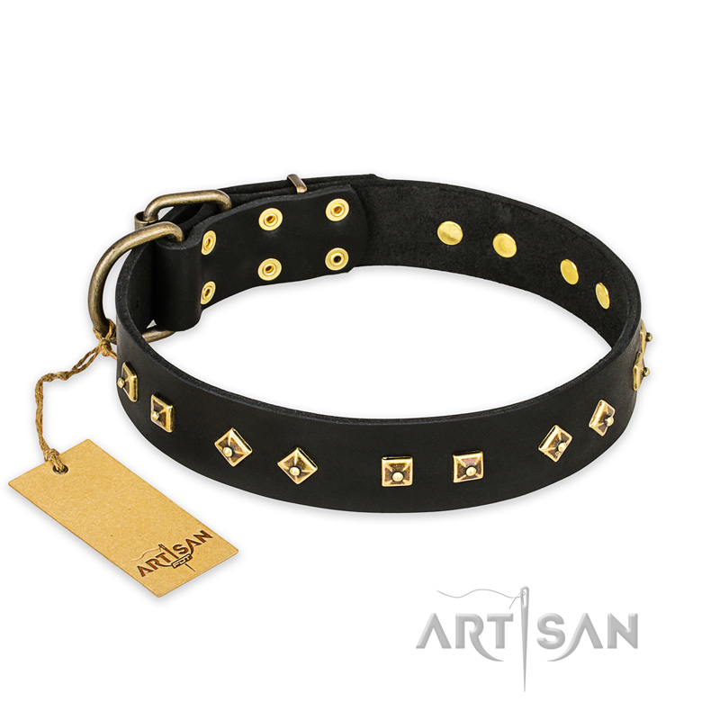 "Rhomb Style" FDT Artisan Decorated Leather Collie Collar with Old Bronze-Plated Studs 1 1/2 inch (40 mm) Wide
