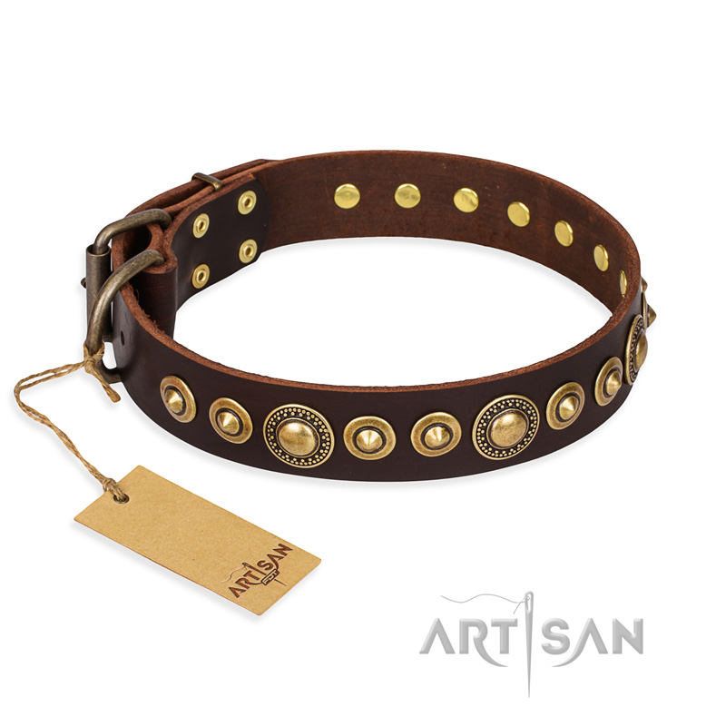"Ancient Warrior" FDT Artisan Fancy Leather Collie Collar with Old-Bronze Plated Decorations