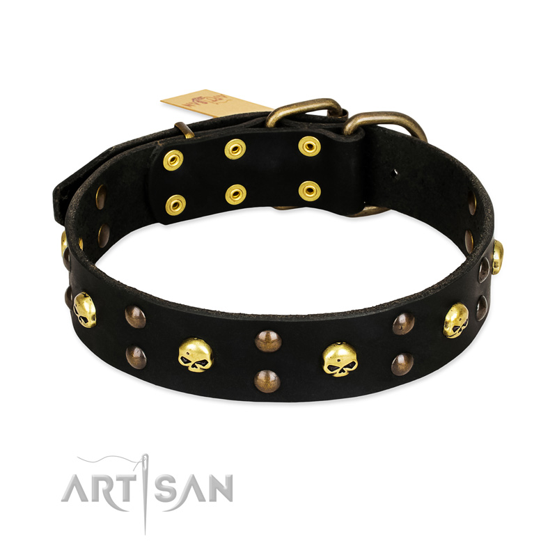 "Heavy Metal" Leather Collie Collar with Skulls and Studs 1 1/2 inch (40 mm)