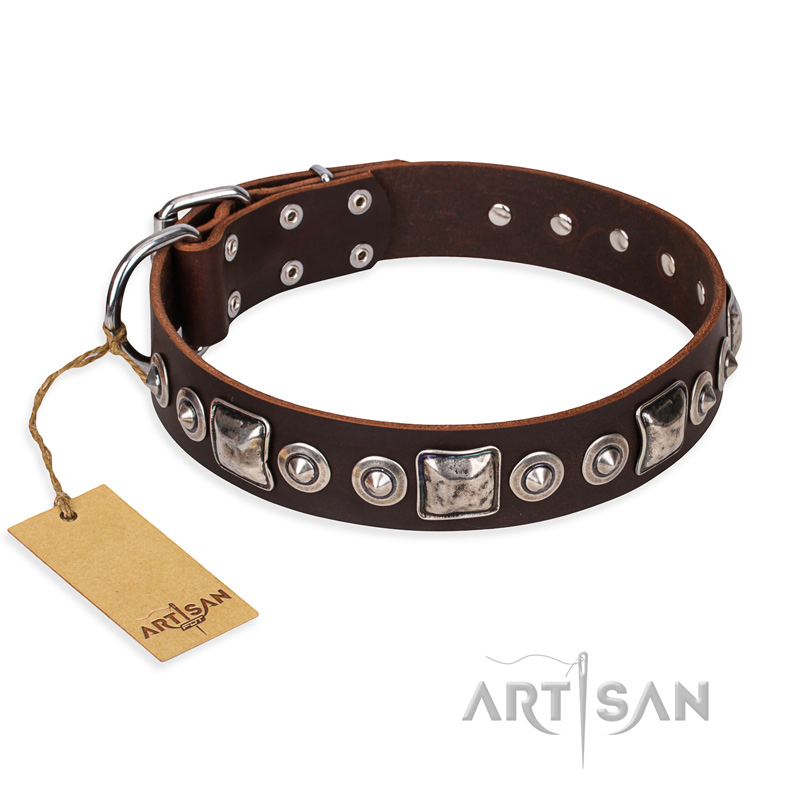 "Pierian spring" FDT Artisan Brown Leather Collie Collar with Silvery Decorations - Click Image to Close
