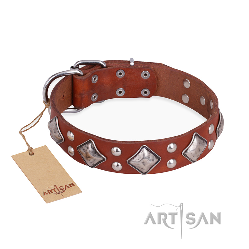 "Magic Squares" FDT Artisan Tan Leather Collie Collar with Silver-like Decor - Click Image to Close