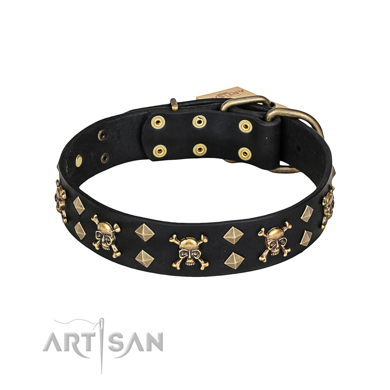 "Jolly Rojer" FDT Artisan Leather Collie Collar with Pirate Skulls and Studs - 1 1/2 inch (40 mm) wide