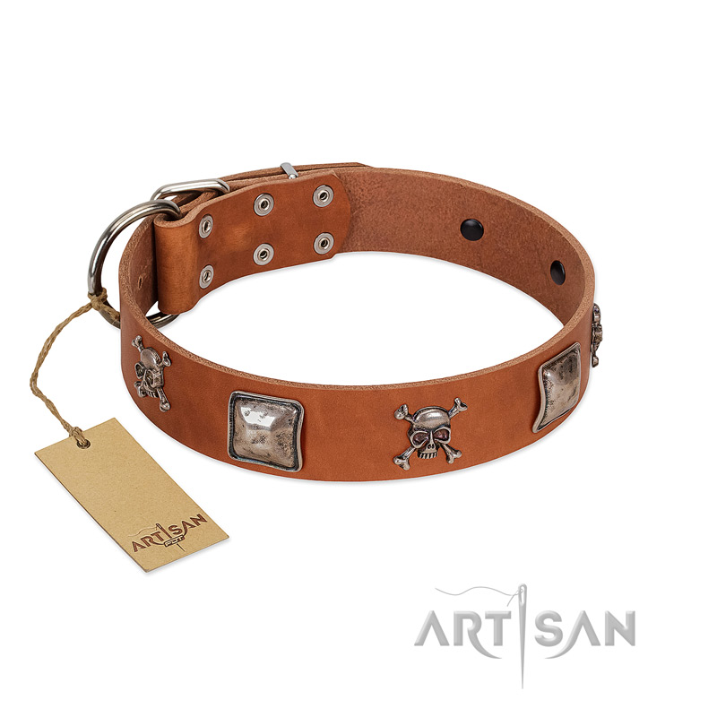 "Amorous Escapade" Embellished FDT Artisan Tan Leather Collie Collar with Chrome Plated Crossbones and Plates