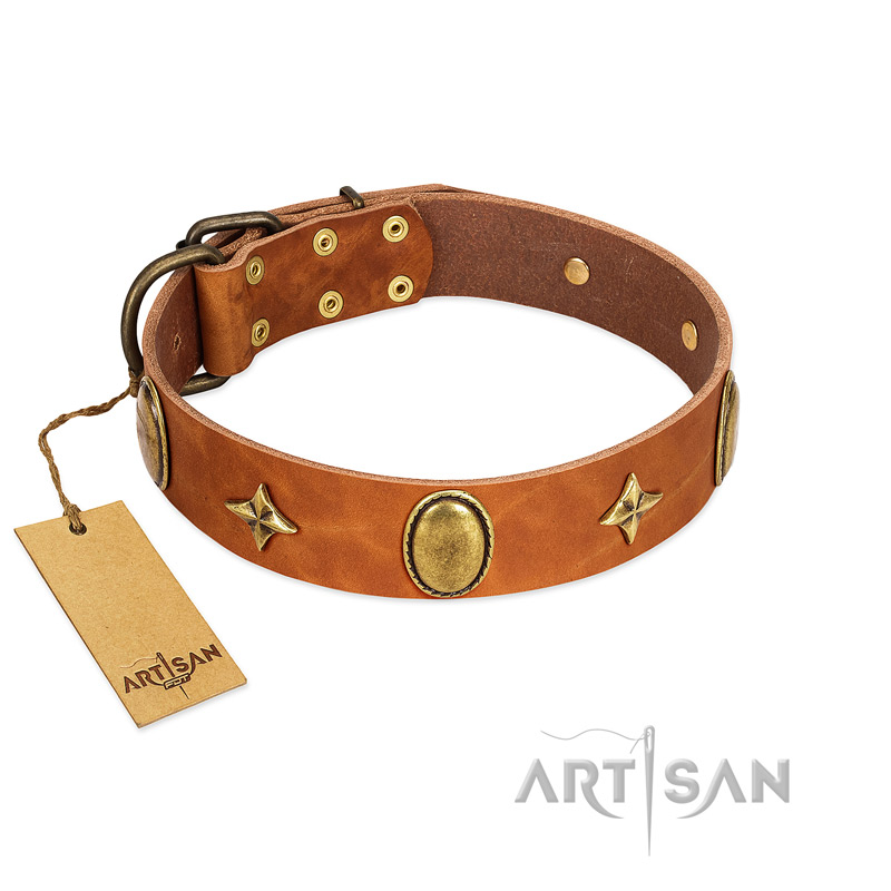 "Space Warrior" FDT Artisan Tan Leather Collie Collar with Ovals and Stars - Click Image to Close