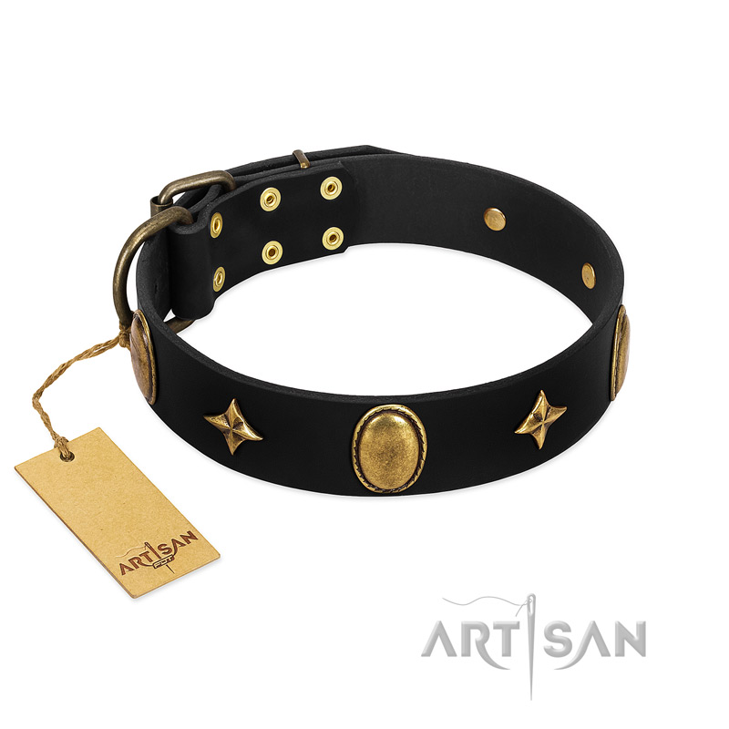 "Star Powder" FDT Artisan Black Leather Collie Collar with Ovals and Stars - 1 1/2 inch Wide
