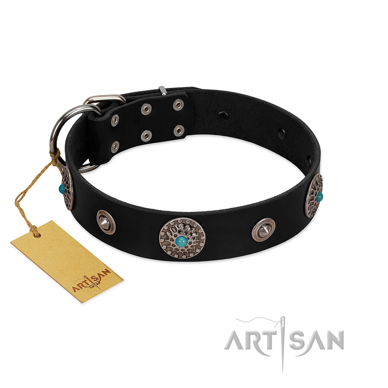 "Blue Gems" FDT Artisan Black Leather Collie Collar with Chrome Plated Studs and Conchos