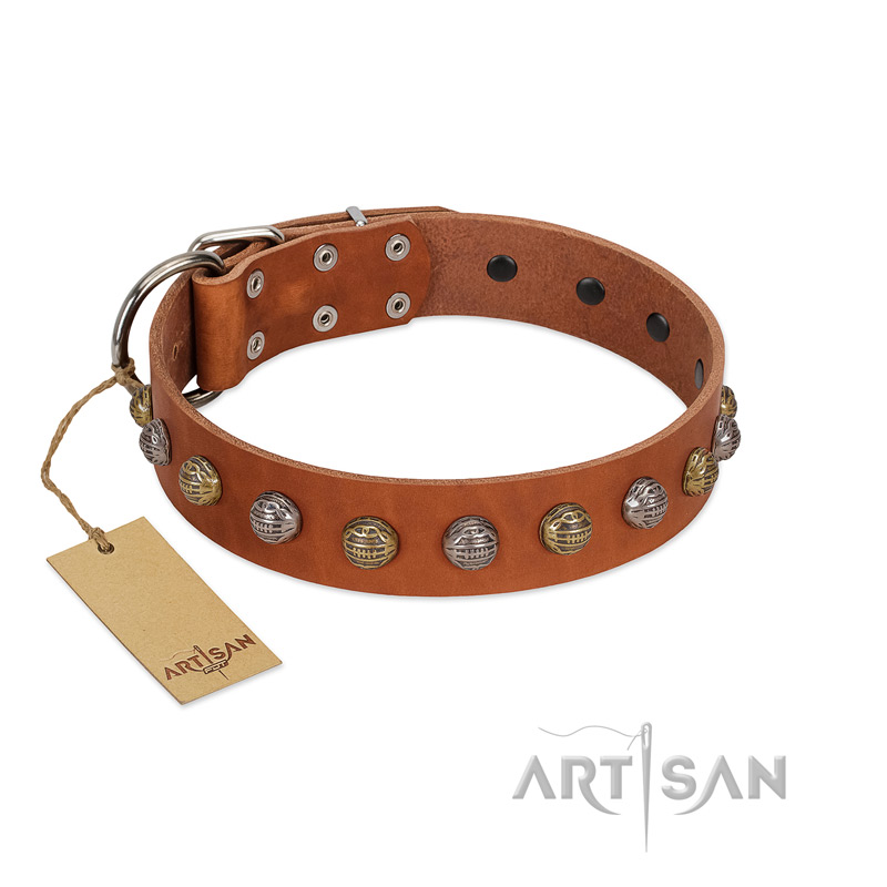 "Dogue-Vogue" FDT Artisan Tan Leather Collie Collar with Engraved Chrome-plated Studs