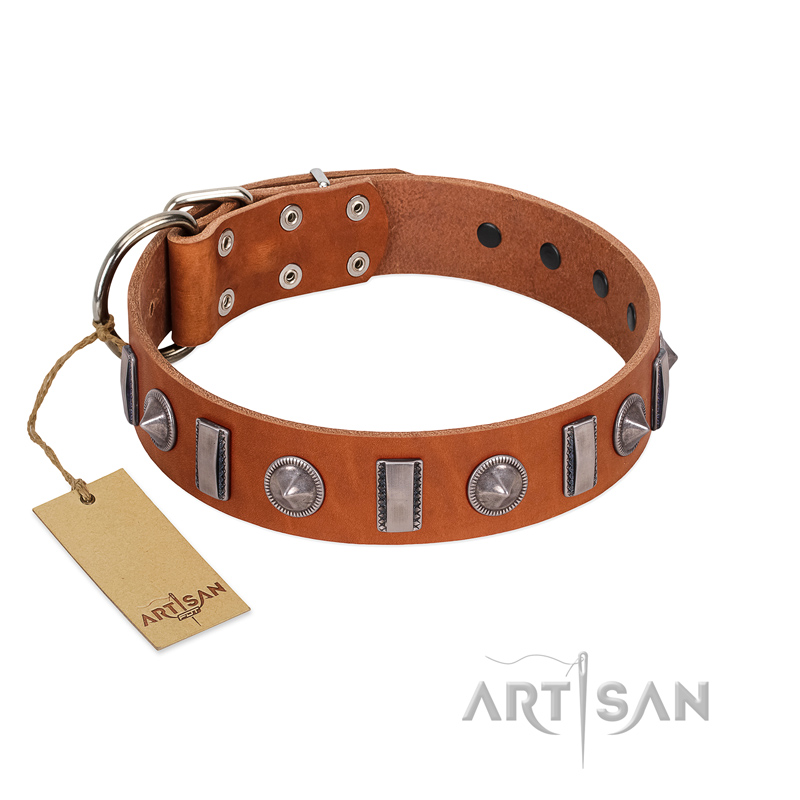 "Luxurious Necklace" FDT Artisan Tan Leather Collie Collar with Silver-Like Adornments