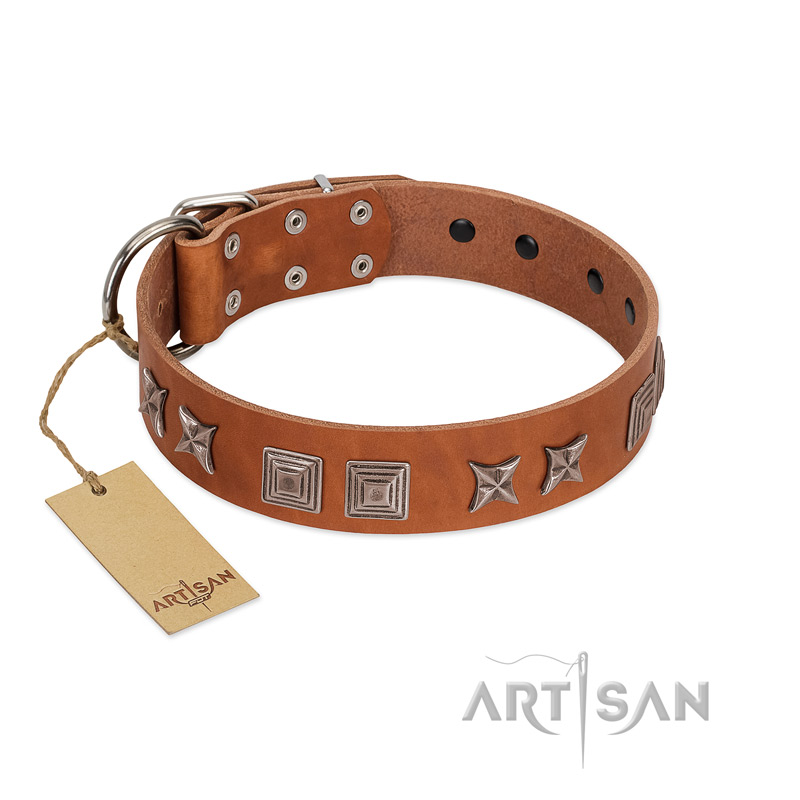"Antique Figures" FDT Artisan Tan Leather Collie Collar with Silver-like Engraved Plates