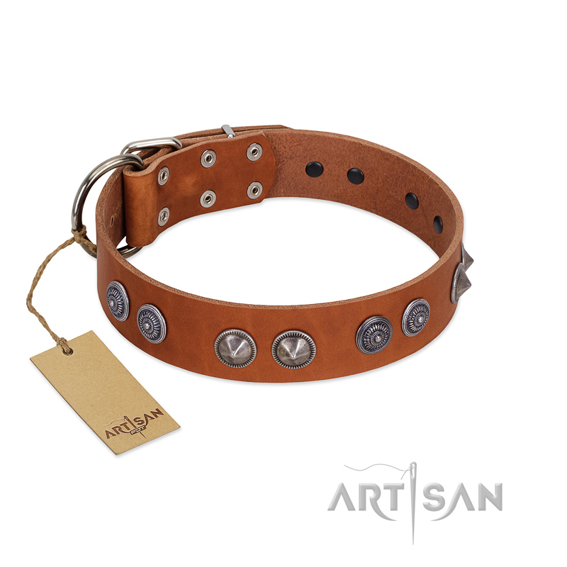 "Silver Necklace" Incredible FDT Artisan Tan Leather Collie Colar with Silver-Like Adornments