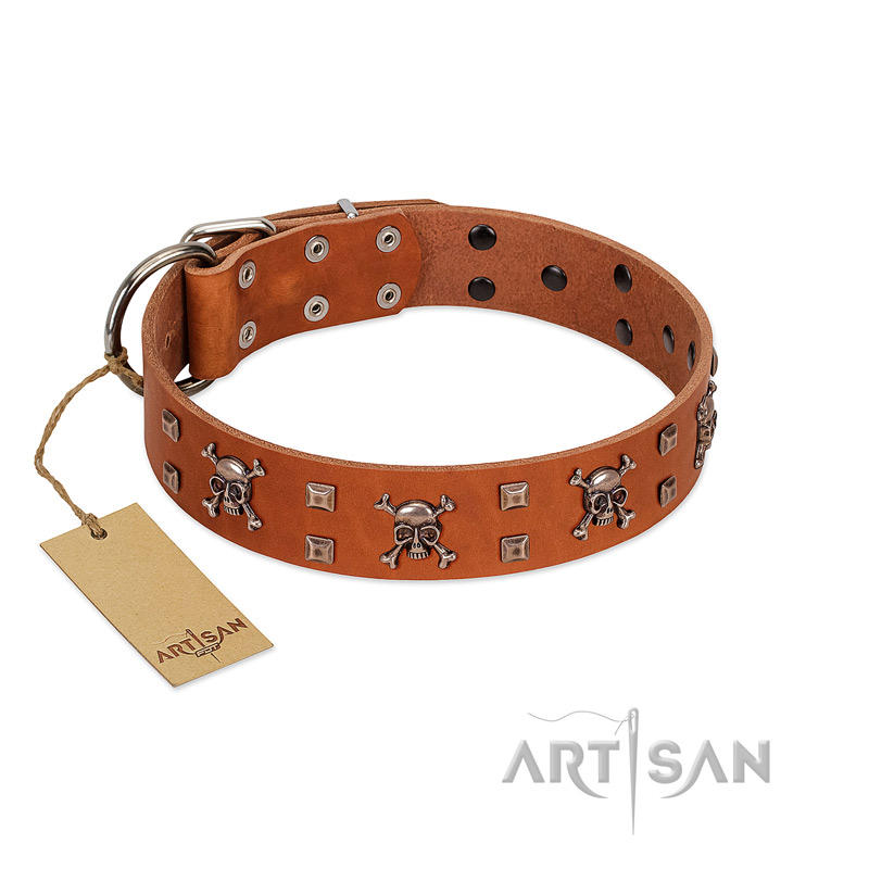 "Rebellious Nature" FDT Artisan Tan Leather Collie Collar Embellished with Crossbones and Square Studs